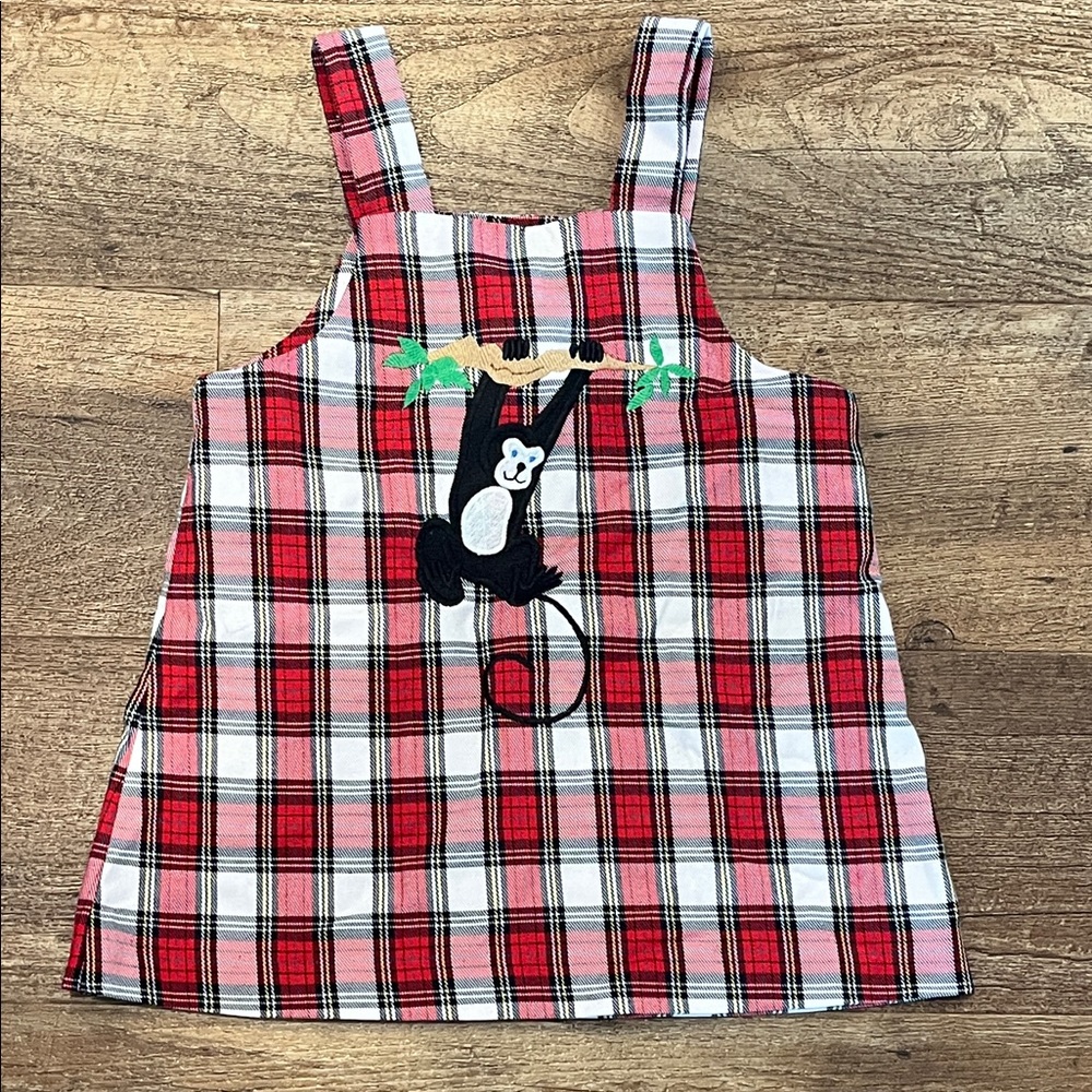 Kelly's Kids Red Plaid Dress with Monkey Embroidery